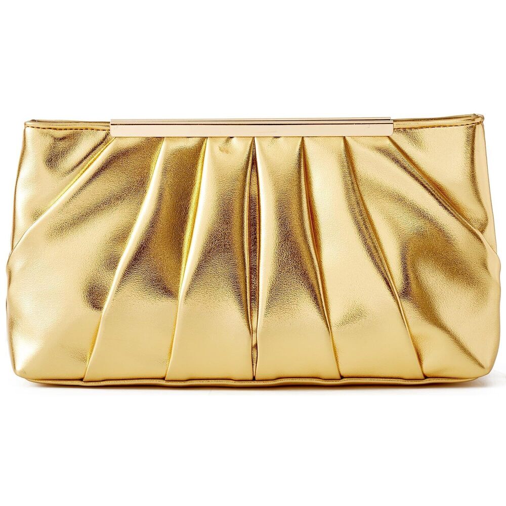 7846 Gold Clutch Purse Elegant Pleated Formal Handbag Classy Evening Bag - Picture 2 of 5